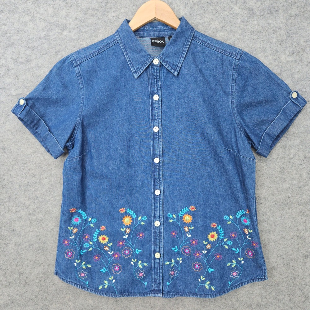 Erika‎ Denim Shirt Women's Medium Blue Floral Embroidered Short Sleeve Button Up